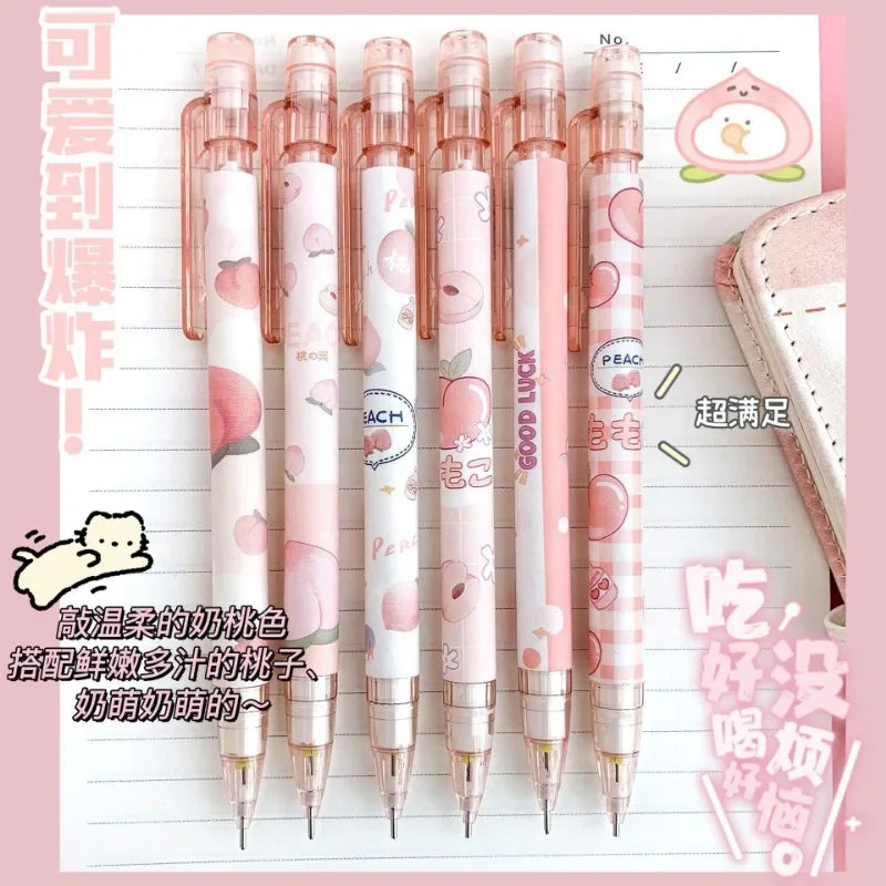 6Pcs 0.5/0.7mm Mechanical Pencils Kawaii Cute Automatic Pencils with Erasers Students Stationery Writing School Office Supplies