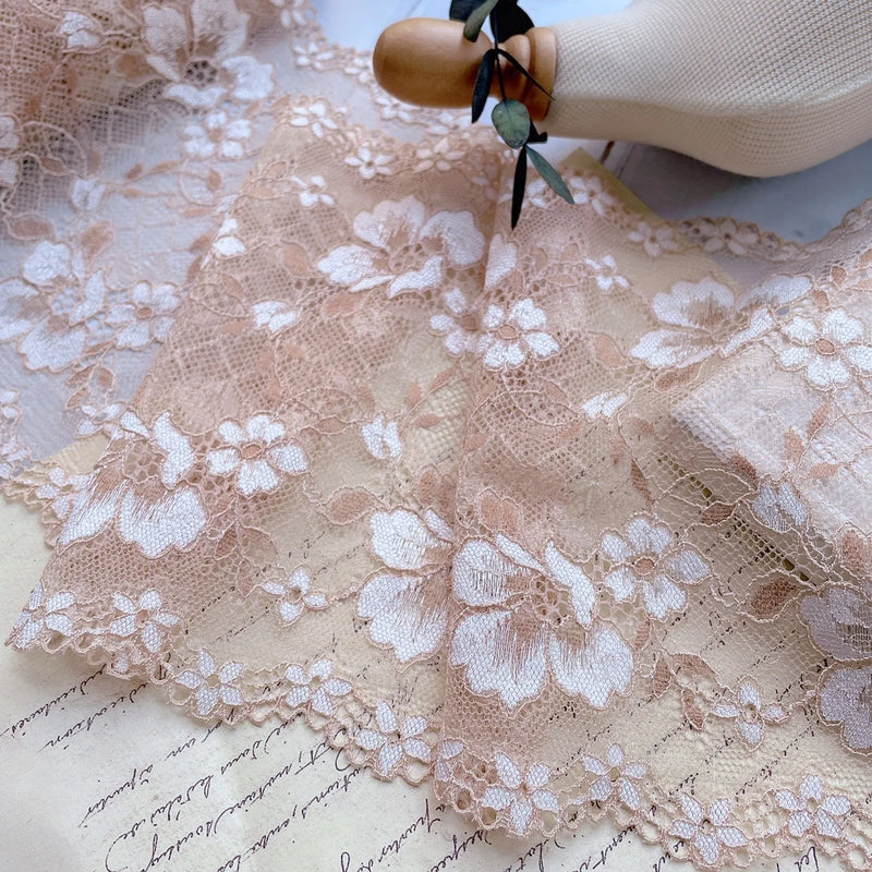 16CM Wide Light Coffee Tulle Mesh Floral Stretch Lace Embroidery Ribbon Clothing Scarf Dress Hemlines DIY Sewing Apparel Fabric