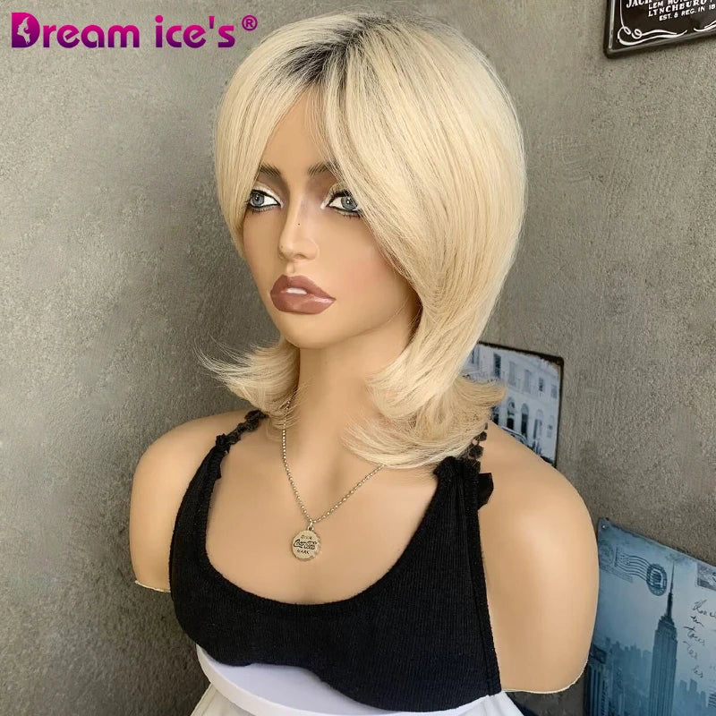 Blonde Short Straight Wavy Layered Hair Synthetic Wigs  With Dark Root For Women High Temperature Natural Wavy Cosplay Daily Wig