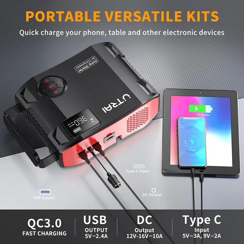 UTRAI 2000A  4 In 1 Jump Starter  Power Pack Portable Car Battery Booster Auto Starting Device for Petrol Diesel Vehicles