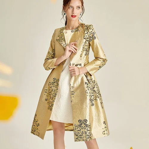 Luxury Trench Women Autumn Winter Jacquard Coat Covered Button Golden Dress Coat Jacket Overcoat New Year Evening Wear