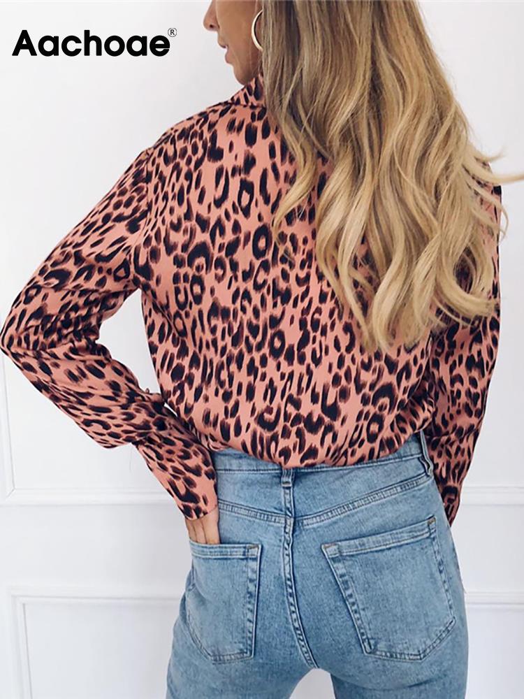 Aachoae Women Blouses Autumn Leopard Blouse Long Sleeve Turn Down Collar Lady Office Shirt Loose Tops Blusas Chemisier