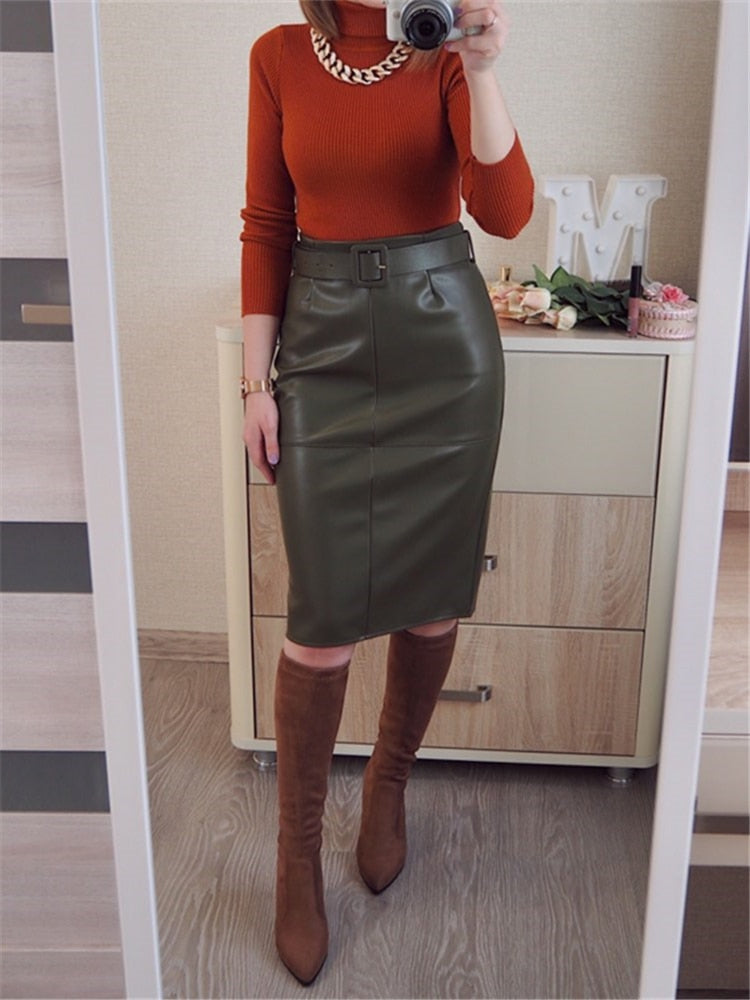 REALEFT Stylish PU Leather Wrap Midi Skirts with Belt Autumn Winter 2022 New Women High Waist Sheath Pencil Back Split Skirts