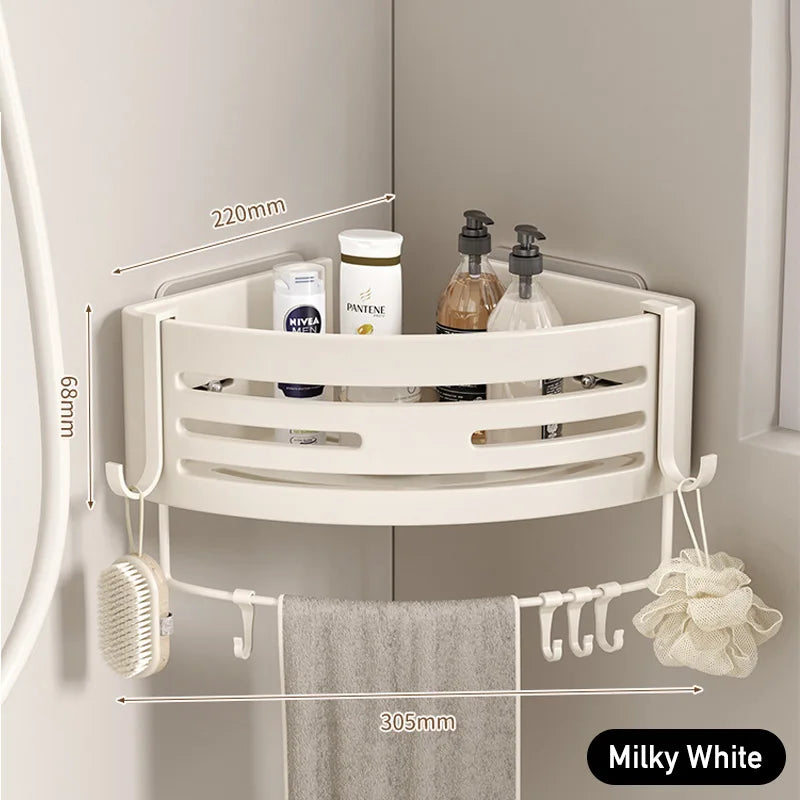 White Bathroom Shelves with Towel Bar and Hooks Shampoo Mackeup Storage Organizer Self Adhesive Wall Mounted Shower Corner Rack