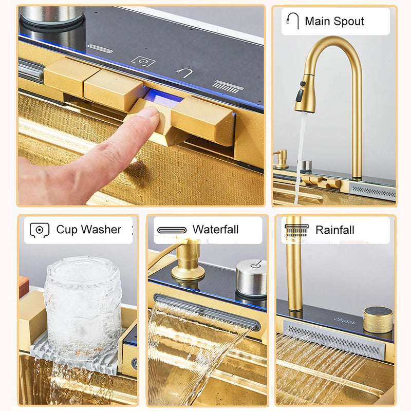 Gold Multifunctional Kitchen Waterfall Sink Digital Display Large Single Sink Dish Basin Sink 304 Stainless Steel