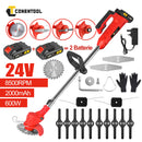 CONENTOOLMetal Blade Cordless Strimmer Set Electric Lawns Garden + Blades Detachable Grass Trimmers 21V Rechargeable 2 Batteries