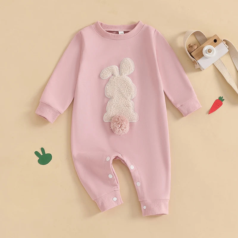 Lioraitiin Baby Girls Boys Easter Rompers Plush Bunny Embroidery Fur Ball Design Crew Neck Long Sleeve Spring Infant Jumpsuit