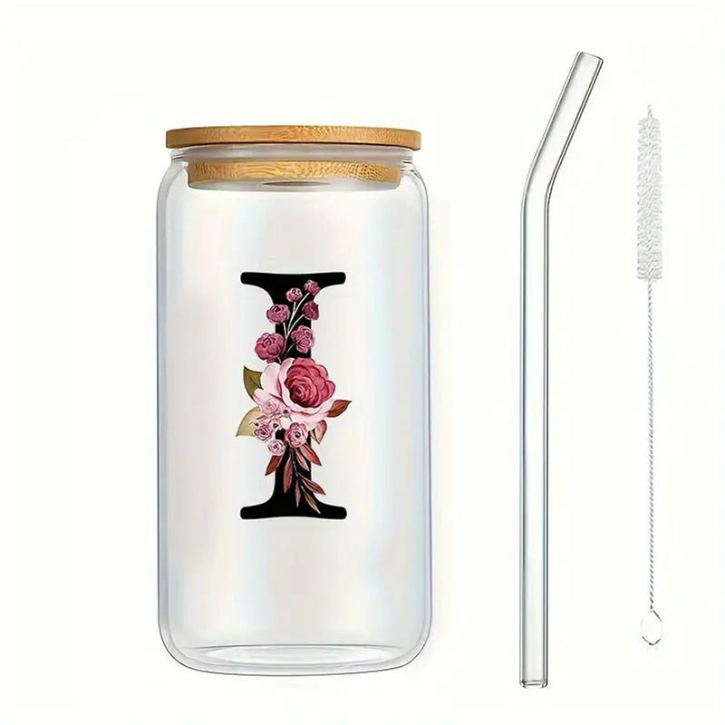 16oz 26 Letters Flower A-Z Coffee Mug Glass Jar With Bamboo Lid And Straw Birthday Gifts For Wedding Home