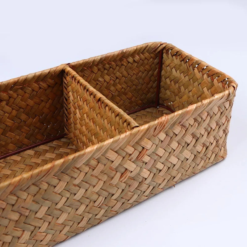 Hand Woven Storage Baskets with Lid Dust Clothing Basket Storage Box Rectangular Wardrobe Container Sundries Organizer 3 grids