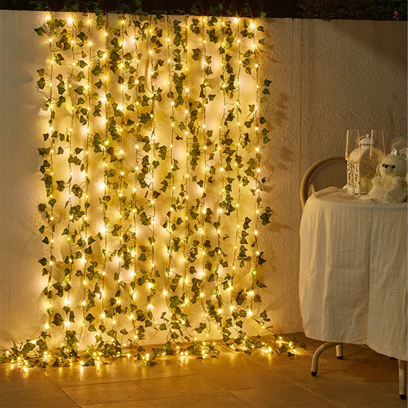 Artificial Flower Green Leaf String Lights Battery Powered Christmas Decorations for Home Tree Garland Light Weeding Party Decor