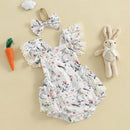 Toddler Girls Floral Bunny Print Lace Trim Flutter Sleeve Romper with Bow Headband Easter Outfit Set 2 Pieces