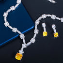 Super Shiny Big Square Yellow Cubic Zirconia Stone Wedding Bridal Necklace Earrings Party Costume Jewelry Sets for Women T0726