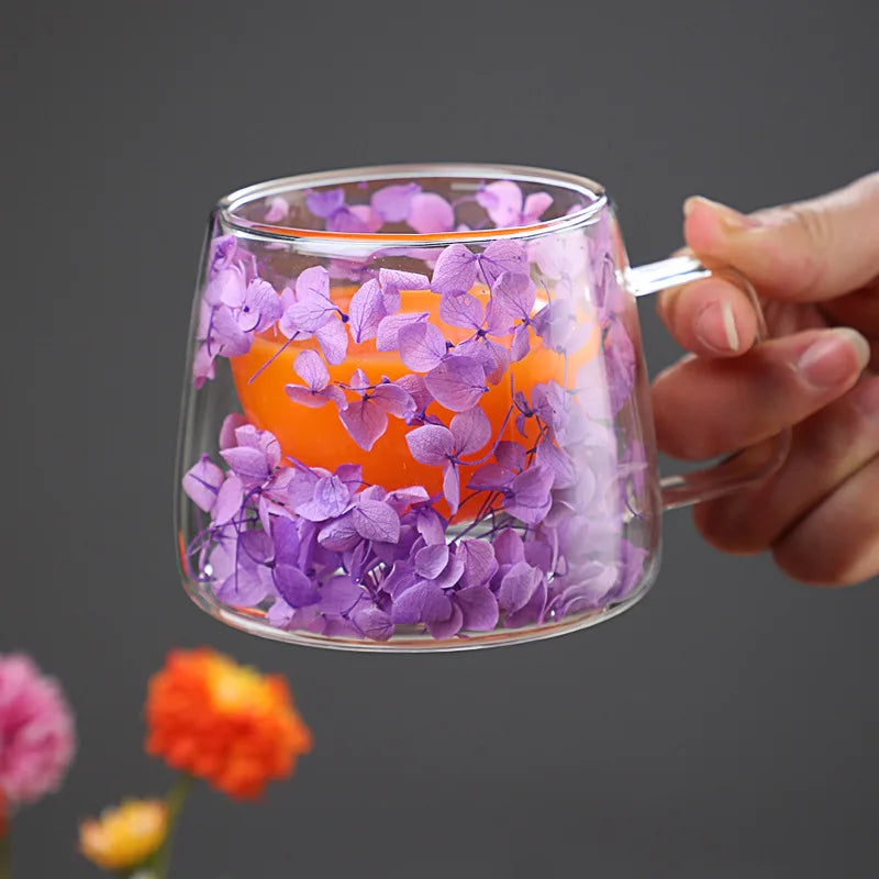 200ml Double Wall Coffee Mug With Handles Clear Milk Cups Gifts Glass Cup Fill Artificial Simulation Flowers Teacup