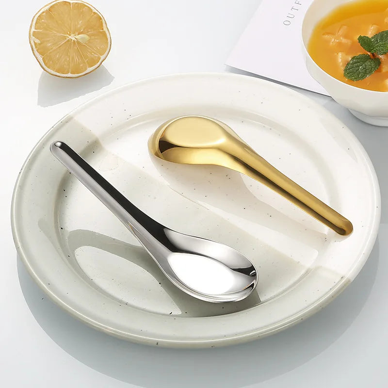 304 Stainless Steel Flat Bottom Rice Soup Spoon Silver Golden Mirror Polished Tableware Household rice spoon Kitchen supplies