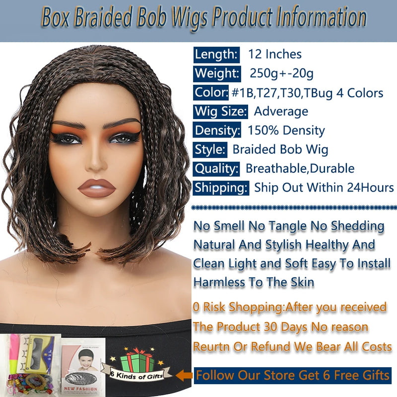 12 Inch Box Knotless Bob Braided Wigs For Black Women Ombre Blonde Braided Bob Wig With Boho Curly Wigs Synthetic Short Bob Wigs