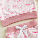 Adorable Baby Girl Easter Outfit Pink Floral Print Ruffle Sleeve Top Bowknot Elastic Waist Pants 2 Piece Set