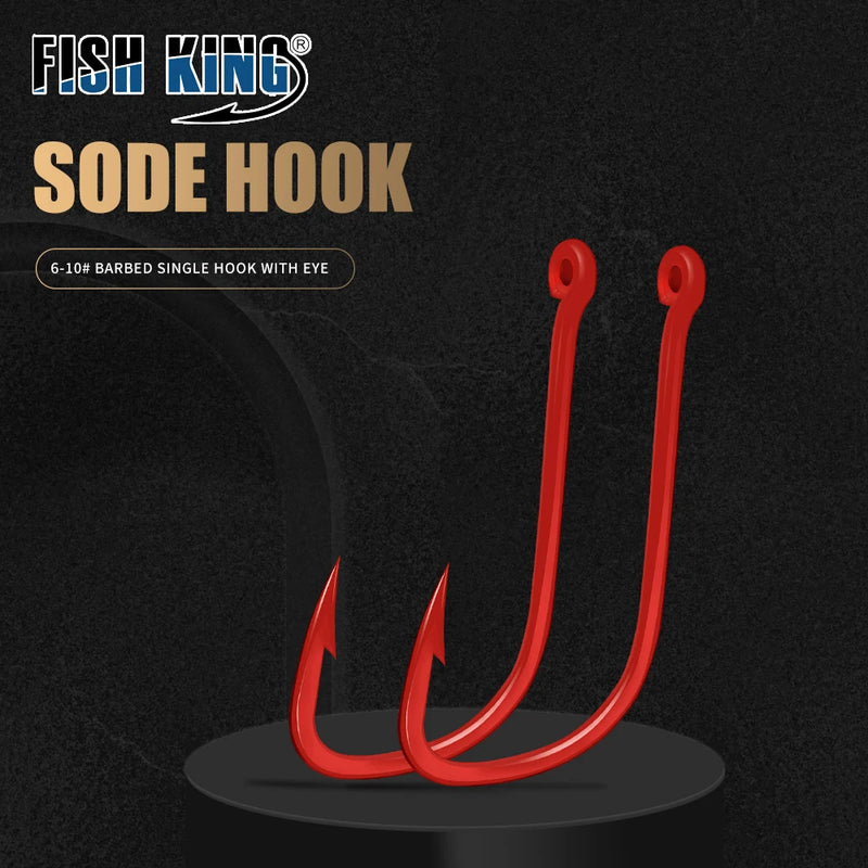 FISH KING 50pcs-100pcs Fishing Hook 6#-10# Barbed High Carbon Steel Red With eyes Bent Baitholder Ringed Carp Hook Tackle