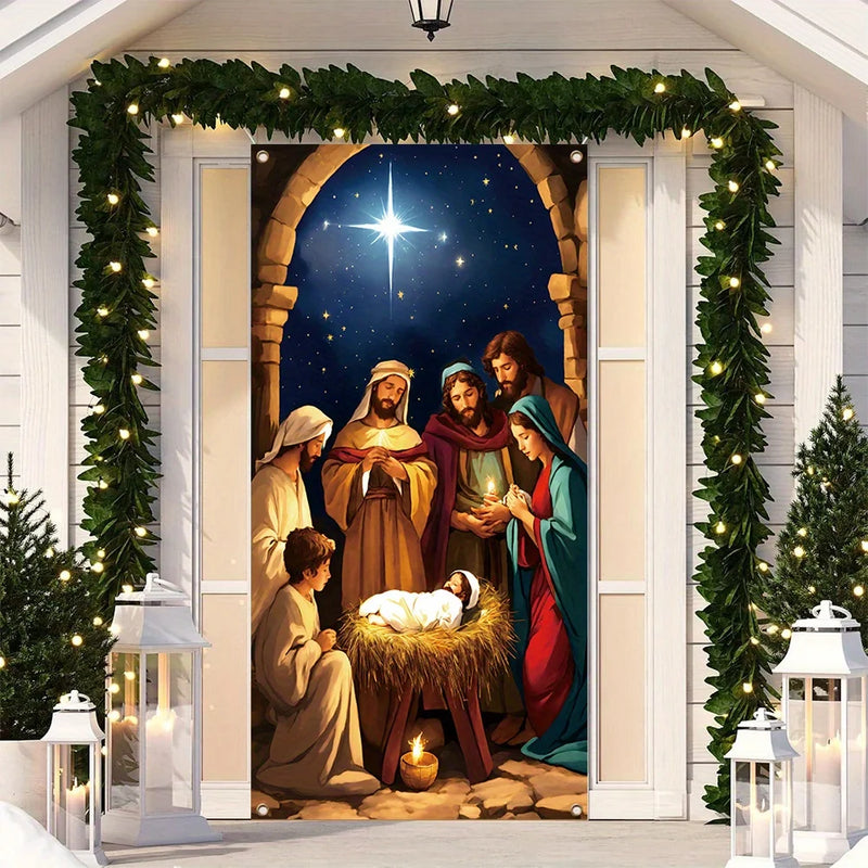 Merry Christmas banner with Shining stars Nativity scene - durable polyester, front door decoration and New Year celebration