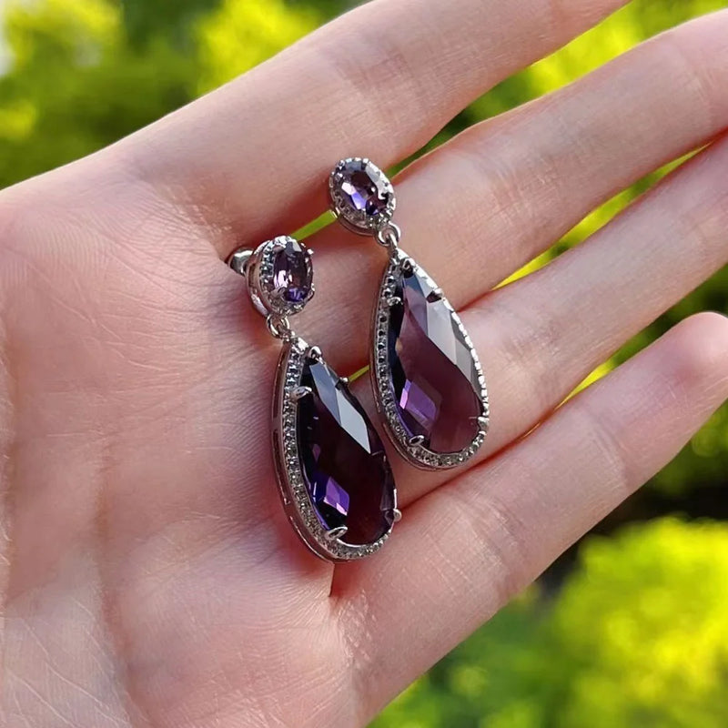 Huitan Pear Purple Cubic Zirconia Drop Earrings Charming Ear Accessories for Women Gorgeous Wedding Party Statement Jewelry Gift