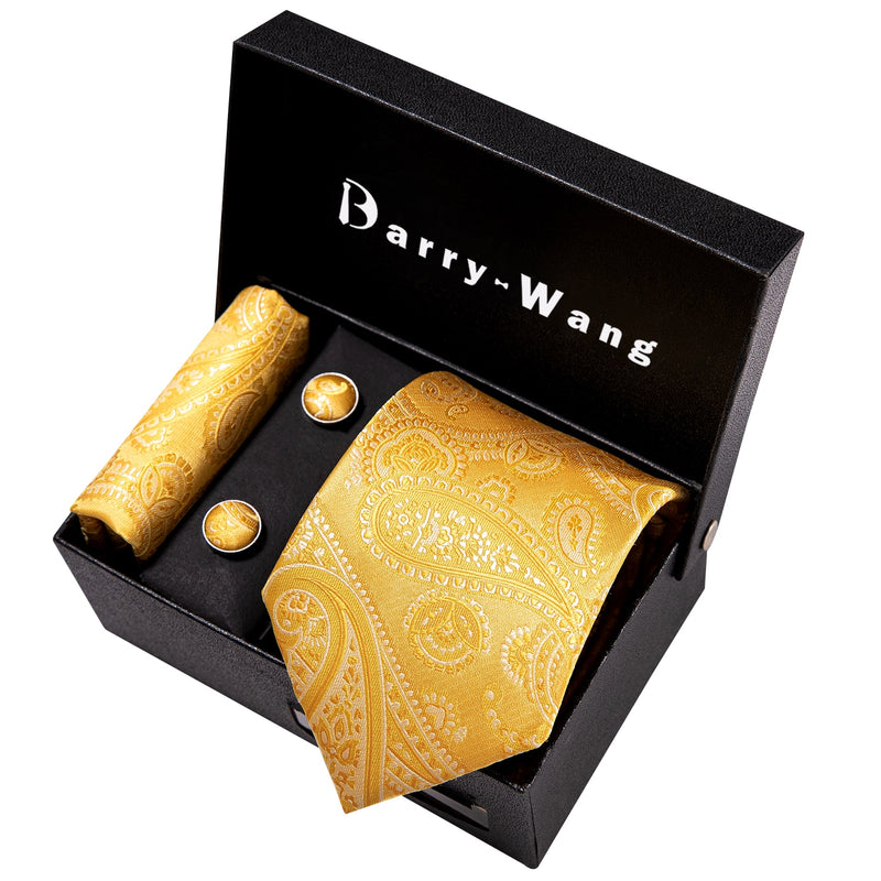 Gold Men Tie Paisley Silk Tie Pocket Square Gift Box Set Barry.Wang Luxury Designer Neck Tie For Men Male Gravat Wedding BB-5150