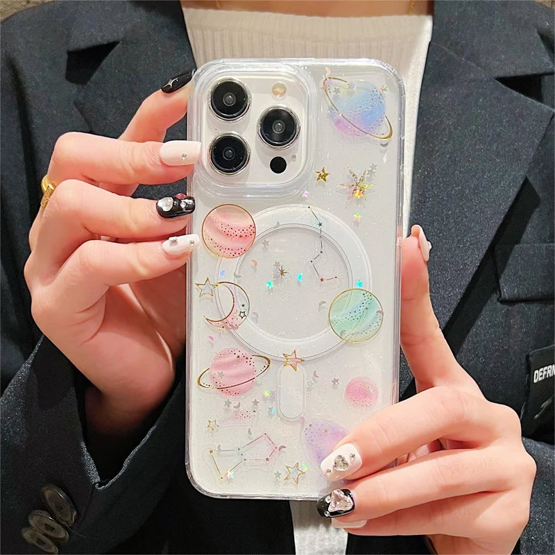 Fashion Wireless Charging Magnetic Glitter Planet Stars Clear Phone Case For iPhone 13 11 13 14 15 Pro Max Soft TPU Back Cover