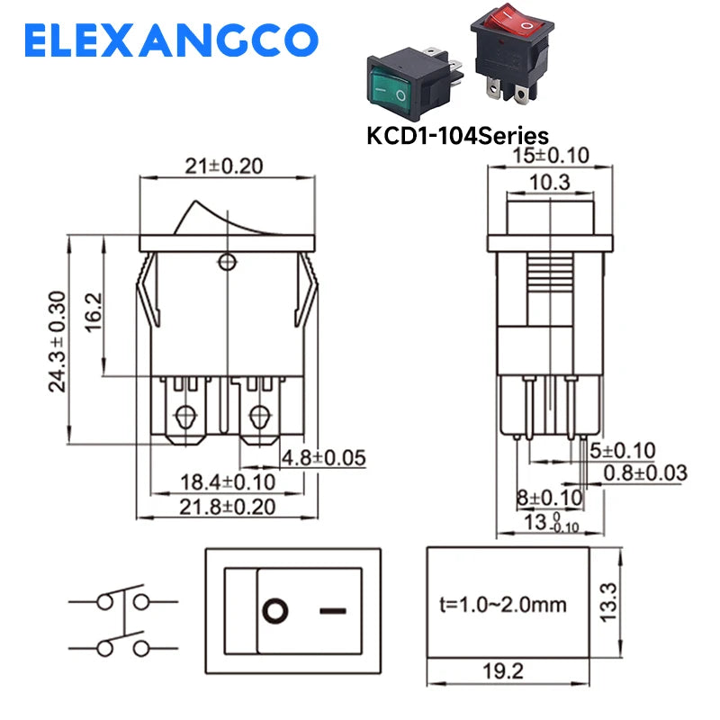 5 PCS/LOT 12Models KCD1 Series  21*15mm 3/4/6Pin Boat Car Rocker Switches 6A/250VAC 10A/125V AC With Red Green Lamp Switch