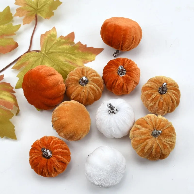 10pcs Velvet Artificial Pumpkin Decoration Desktop Pumpkin Ornament Christmas Thanksgiving Harvest Festival Halloween Decoration