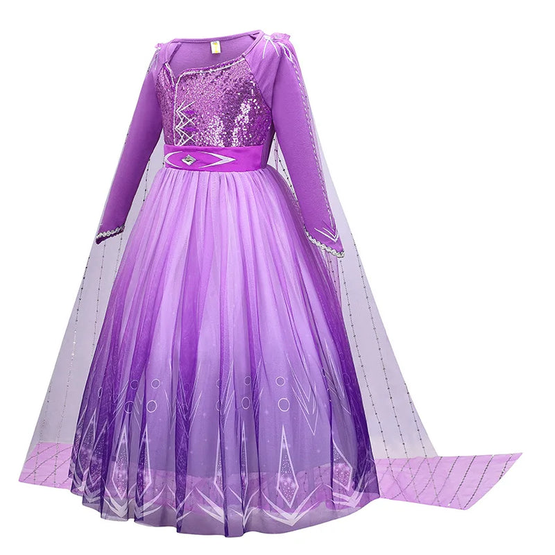 Girl Elsa Dress Princess Cosplay Purple Sequins Mesh Halloween Long Sleeves Ball Gown Birthday Party Carnival Costume