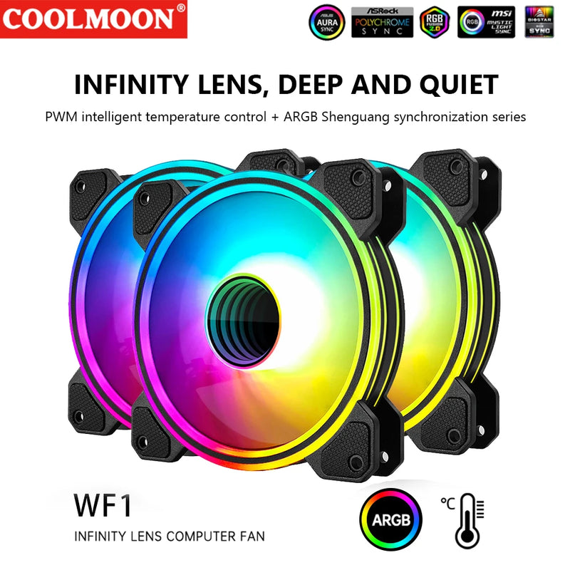 COOLMOON Chassis Cooler Radiator 4Pin PWM Silent PC Case Cooling Fan 120mm 5V 3Pin ARGB Aura Sync Computer Cooler