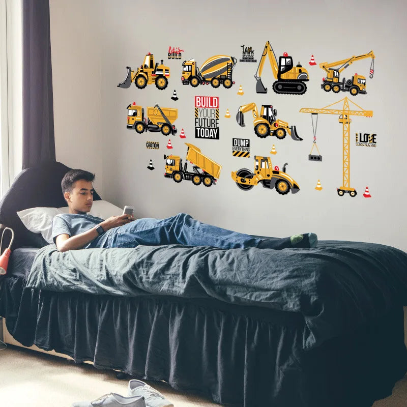 Cartoon Building Construction Vehicle Wall Sticker Home Decor Build Your Future Crane Excavator Kids Boy Bedroom Decor Decals