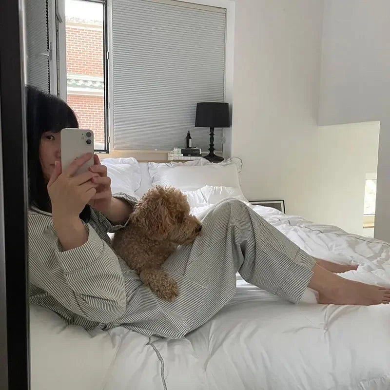 Striped Sleepwear Women Pajama Sets Korean Piiama Pants Sets for Women 2 Pieces Button Night Wears Long Sleeve Home Suit pigma