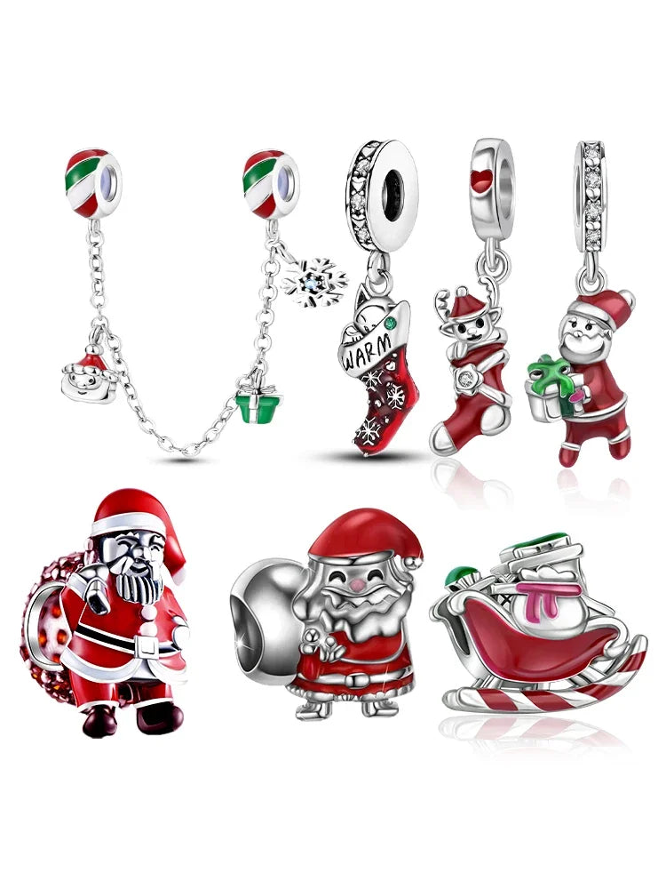 Sterling Silver 925 Christmas Theme Series Santa Claus Charm Carrying Gifts for Women Diy Bracelet Necklace Jewelry Making Gift