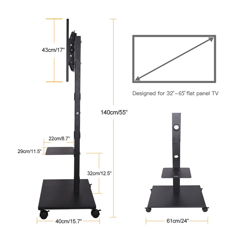 Rolling Floor TV Stand Tilting Height Adjustable for 32-70 Inch Portable TV Trolley Cart
