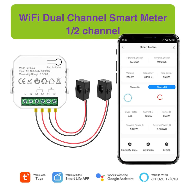 Tuya Smart Life WiFi Energy Meter 80A Bidirectional 2 Channel with Clamp App Monitor Solar Export and Import Power AC110V/240V