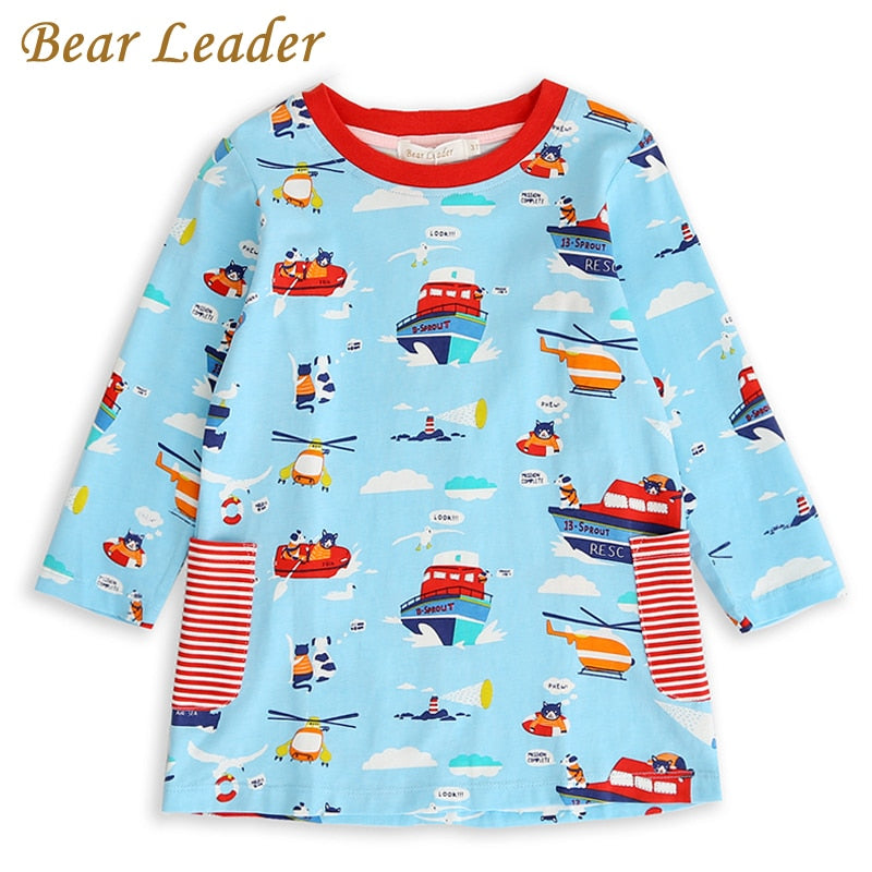 Bear Leader Baby Girls Dress New Spring Casual Ruffles A-Line Striped Full Sleeve Kids Dress for 3T-7T Autumn Letter Vestido