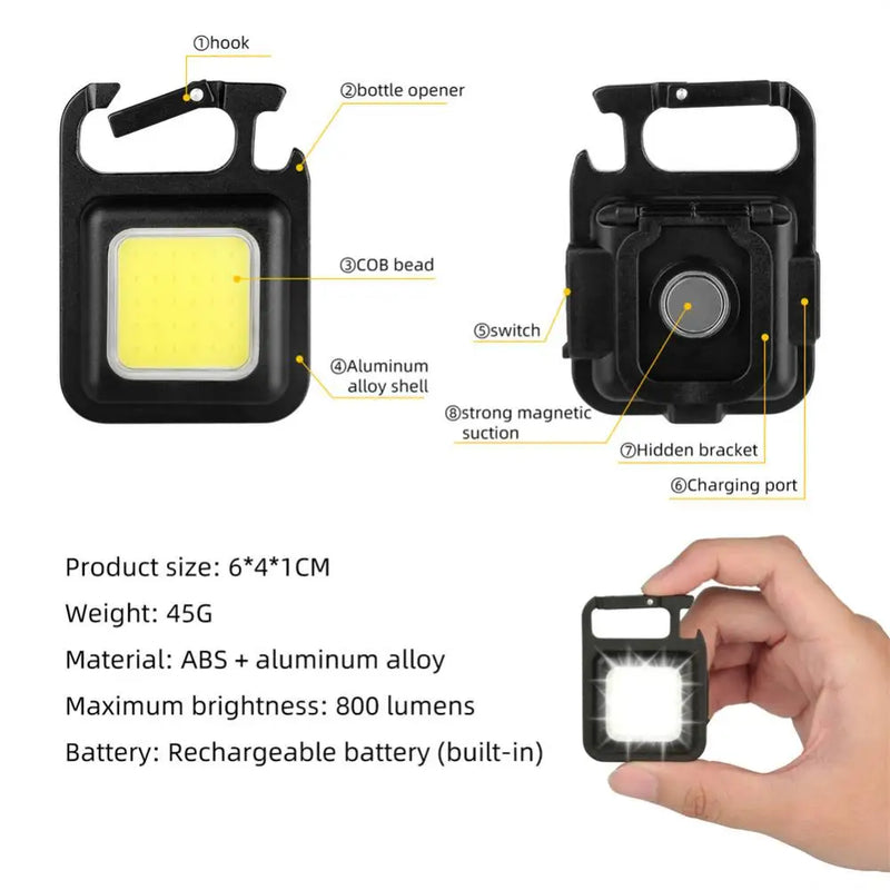 Super Bright 1500LM Work Light COB 500mah LED Flashlight Pocket Keychain USB Rechargeable Waterproof For Outdoor Camping