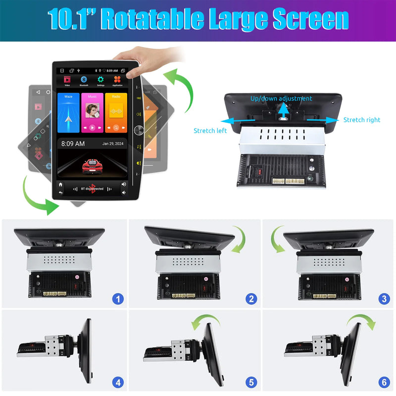 ESSGOO Android 14 4+64G Carplay Car Stereo Radio 1 DIN 10.1" Rotatable Screen GPS NAVI RDS w/ Microphone Knob Colorfull Button