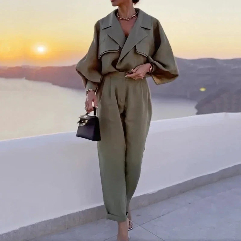 Women Long-sleeve Button Coat Top Long Pants Outfits Solid Elegant Commute Suit Fall Casual High Fashion Blazer Lapel Simple Set