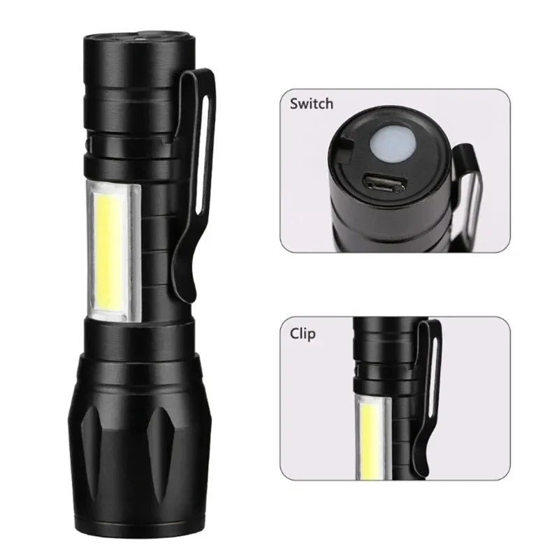 USB Rechargeable Mini LED Flashlight Zoomable COB+XPE Torch Outdoor Camping Hiking Waterproof Emergency Lighting Work Lantern