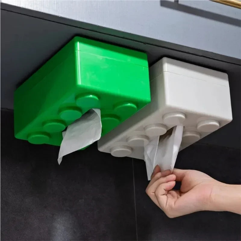 New Creative Building Blocks with Spring Tissue Box Wall-mounted Perforation-free Paper Holder Bathroom Face Towel Box Organizer