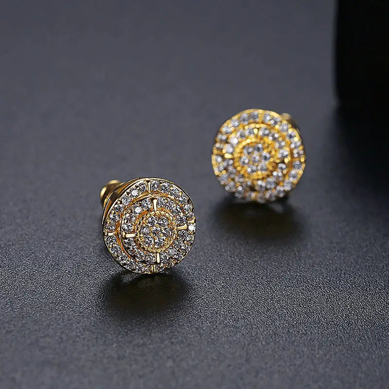 JINSE Vintage Gold Color Hip Hop Stud Earrings for Men Iced CZ Punk Cubic Zirconia Round Piercing Unusual Fashion Jewelry