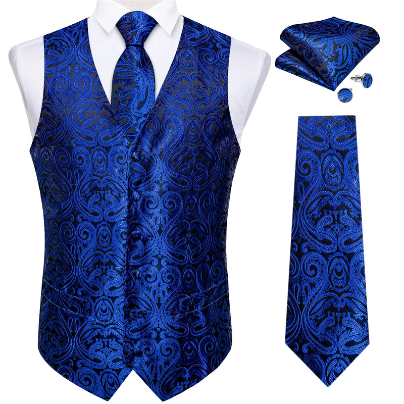 Luxury Men's Suit Vest Royal Blue Paisley Waistcoat with Neck Tie Handkerchief Cufflinks Wedding Prom Tuxedo Sleeves Vest