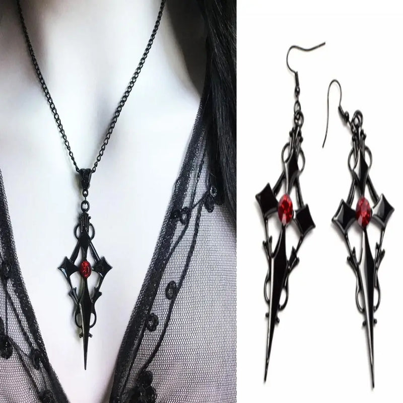 Vintage Black Pointed Cross Dagger Vampire Pendant Necklace Earrings Ladies Alternative Gothic Punk Halloween Jewelry Set