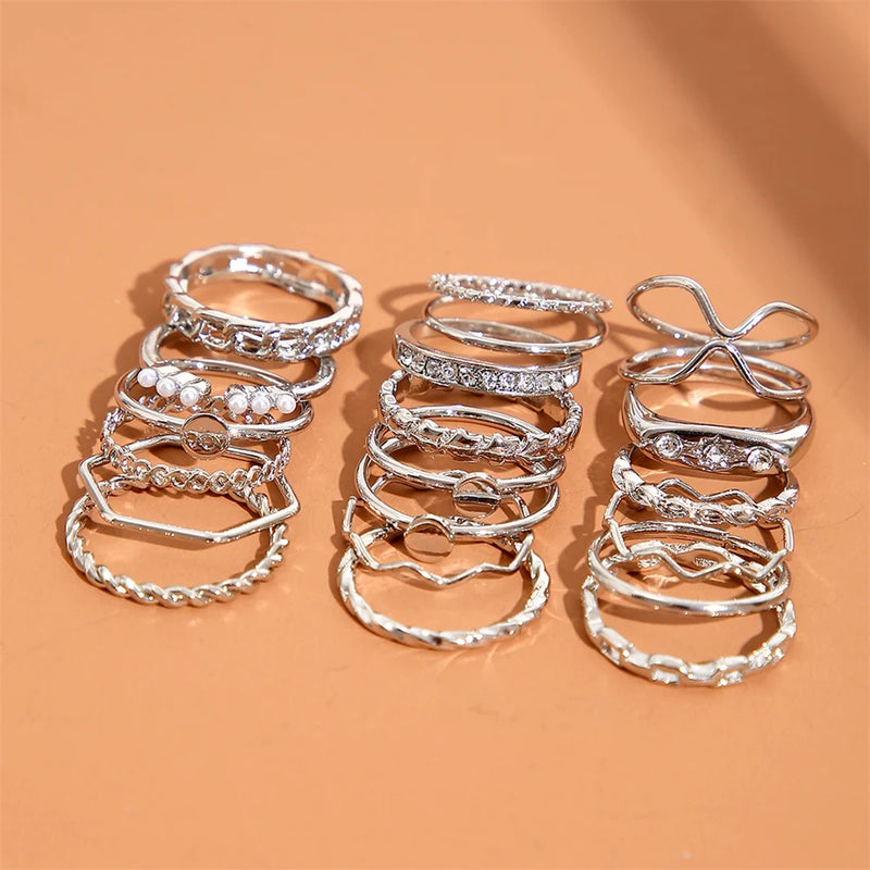 Vintage Silver Color Geometric Wave Ring Set For Women 20pcs/set Metal Cross Pearl Hollow Finger Ring 2023 Trendy Jewelry Gifts