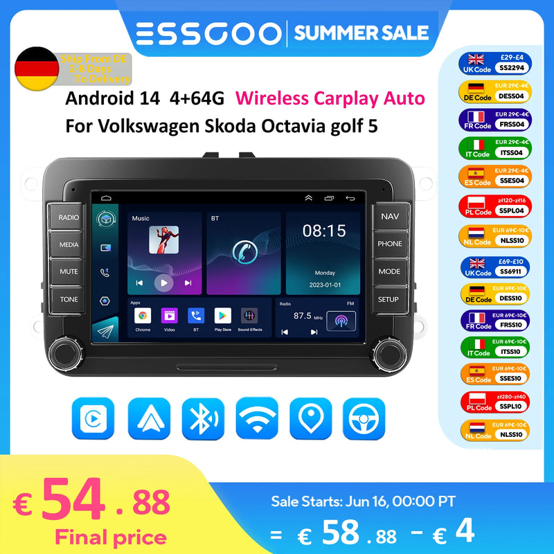 ESSGOO Android 14 4G 64G For Volkswagen Passat b6 b7 golf 5 6 Polo Jetta Skoda Car Radio Multimedia Player GPS WiFi RDS Carplay
