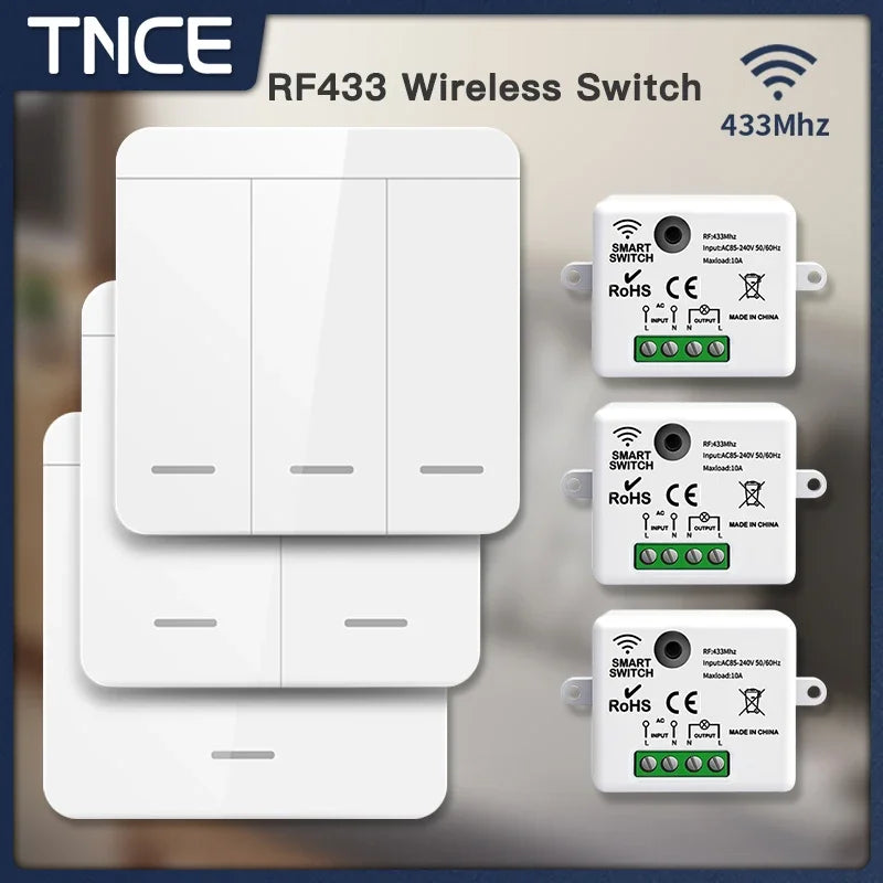 TNCE RF433 Relay Receiver,Wireless Light Switch 433Mhz Mini Remote Control,1/2/3Gang Wall Transmitter Switch, Led Lamp Fan Smart