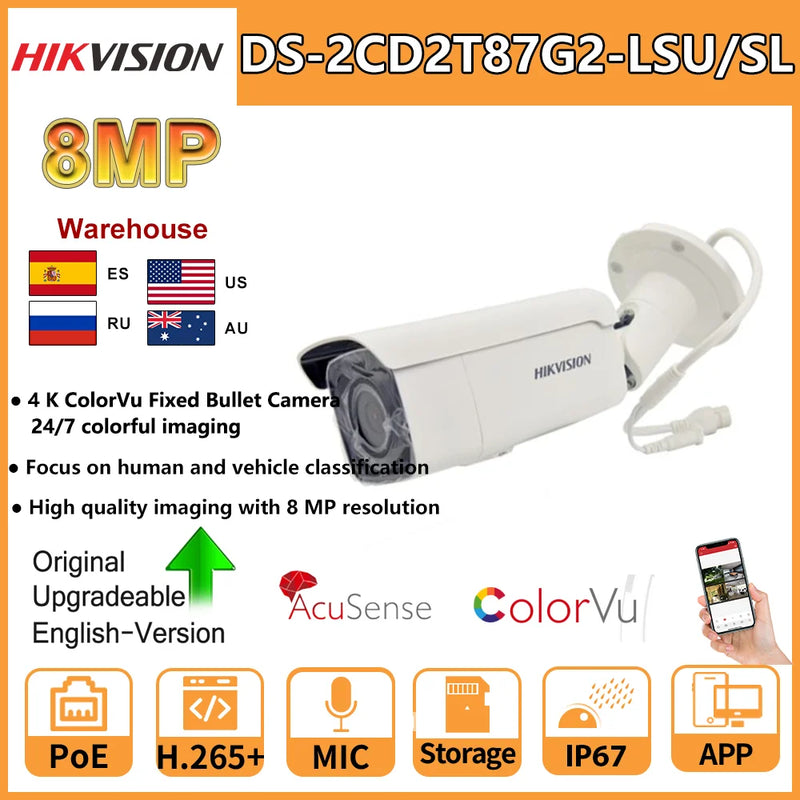 Hikvision 8MP ColorVu Strobe Light Audible Warning Bullet IP Camera DS-2CD2T87G2-LSU/SL 4K POE Built-in MIC Speaker SD Card Slot