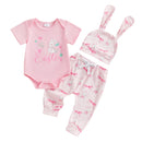 Adorable Baby Girls Easter Bunny Outfit Set with Romper Pants and Hat - Short Sleeve with Bow Pattern - 3 Pieces