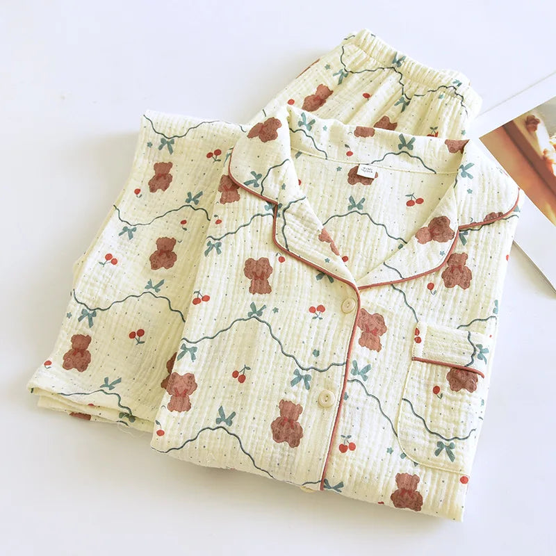 100% Cotton Crepe Women's Pajama Set 2024 New Spring And Autumn Cute Bear Printed Long sleeved Pants Two piece Loose Home Fury