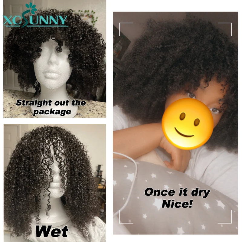 Afro Kinky Curly Bob Wig Human Hair Wigs With Bangs 200 Density Remy Brazilian Scalp Top Curly Human Hair Wigs For Women Xcsunny